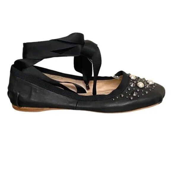TOPSHOP Elegant Black Ballet Flats with Ribbon Ties - Picture 1 of 7